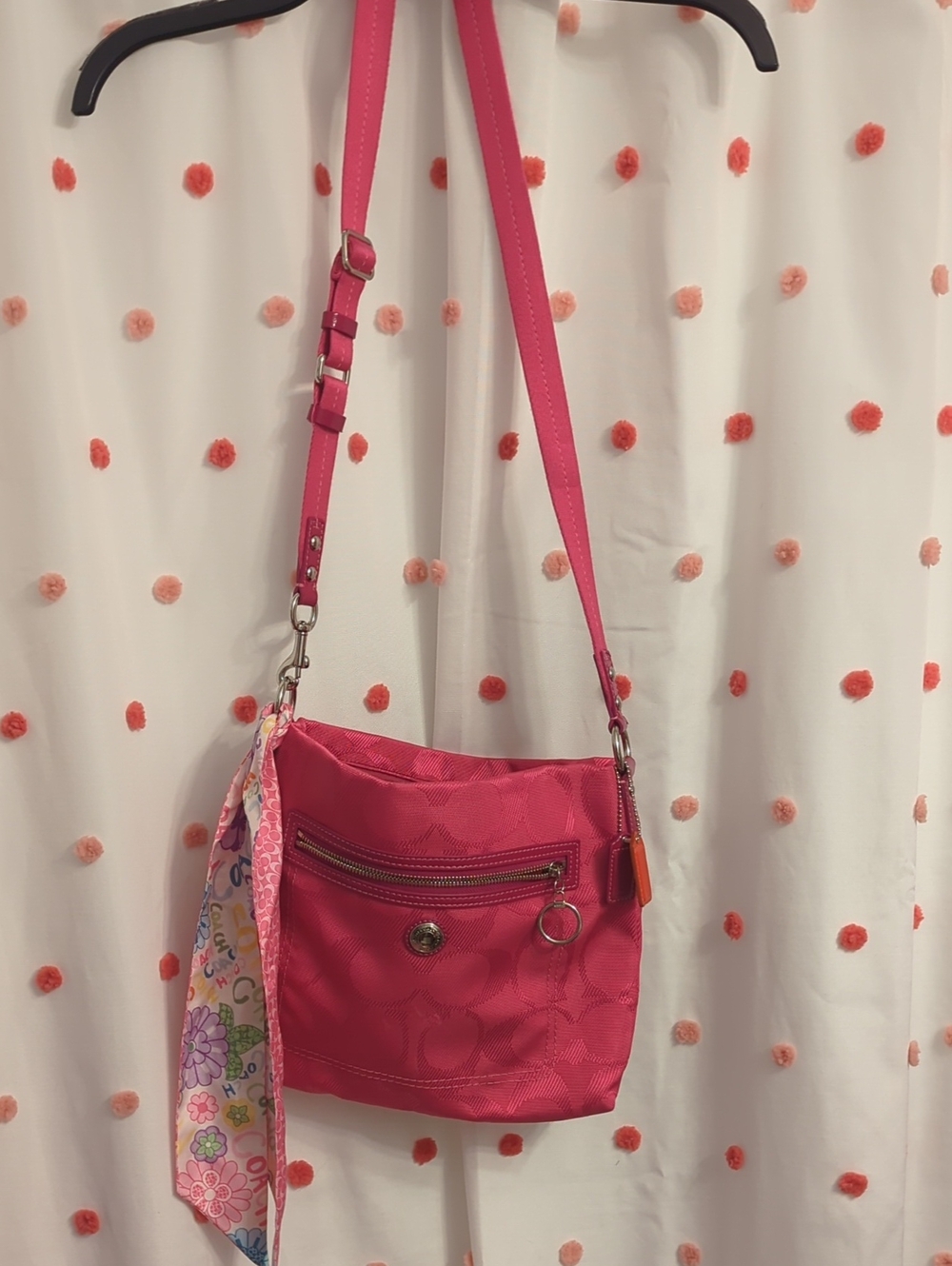 Coach Hot Pink Crossbody Bag with Floral Scarf Accent